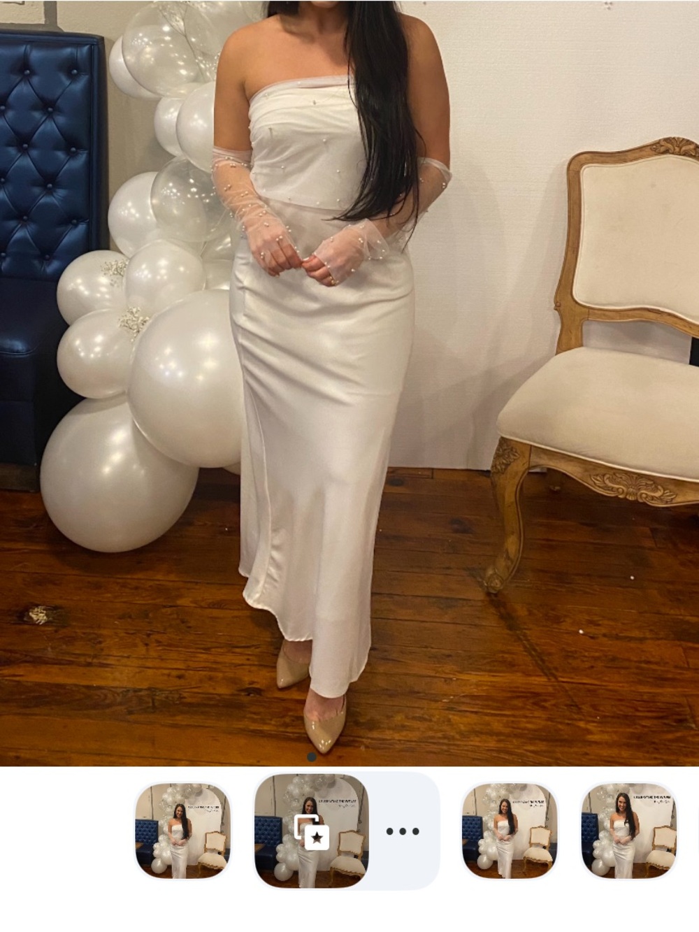 White strapless satin dress with custom pearl wrap and sleeves